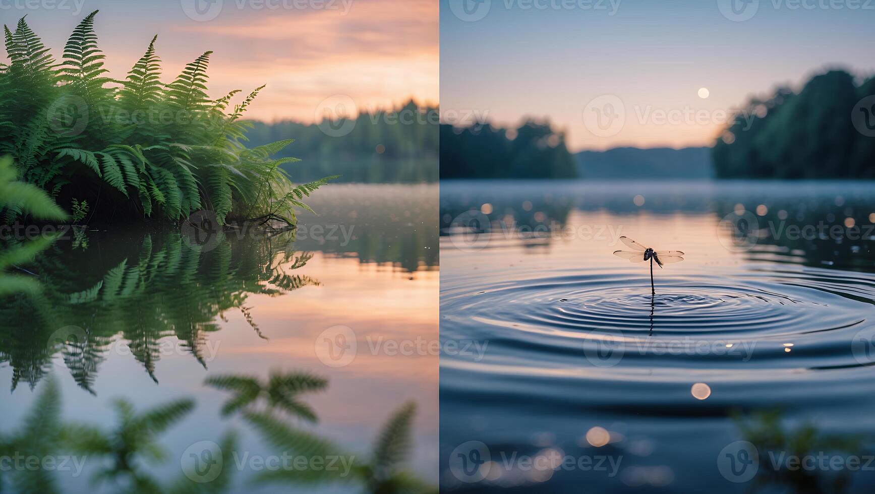 Ferns and Dragonfly at Water Edge with Sky Reflections on Lake photo
