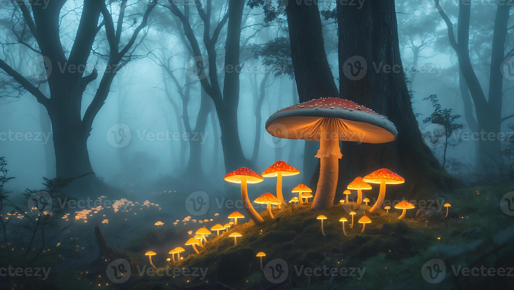 Glowing Mushrooms in Foggy Forest Creating a Magical Fairytale Landscape photo