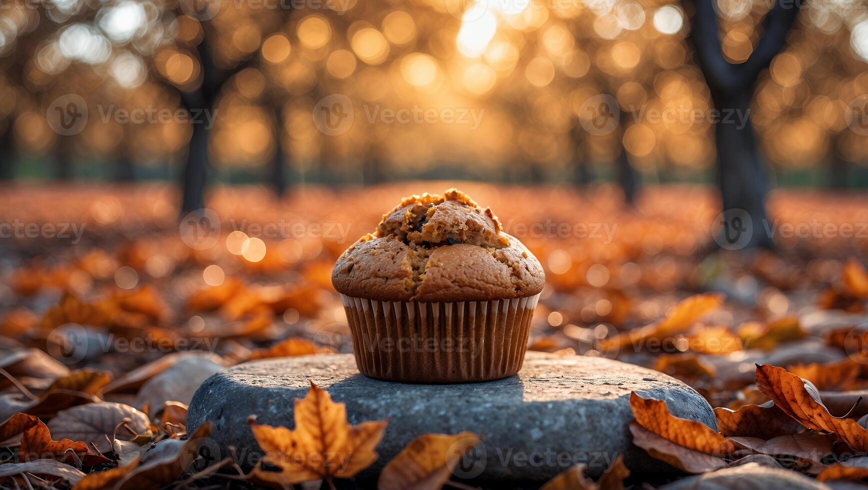 Autumn Muffin Displayed on Rock with Fall Leaves and Golden Light photo