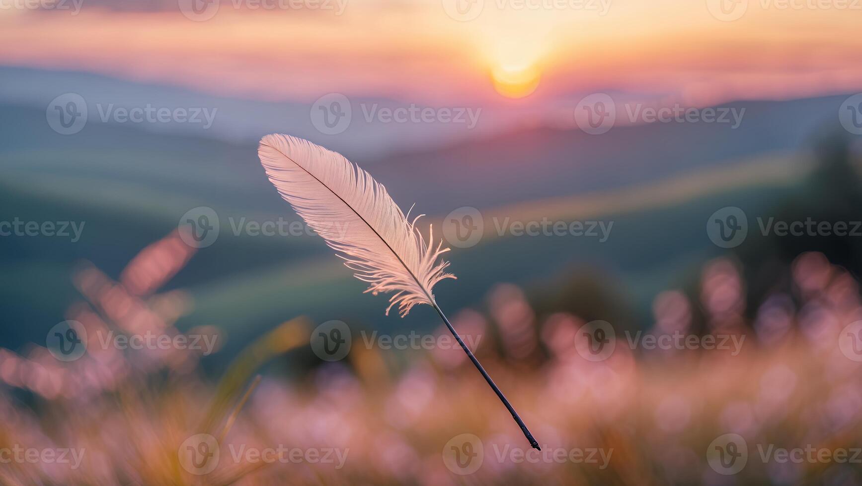 Floating Feather in a Field at Sunset with Mountain View photo