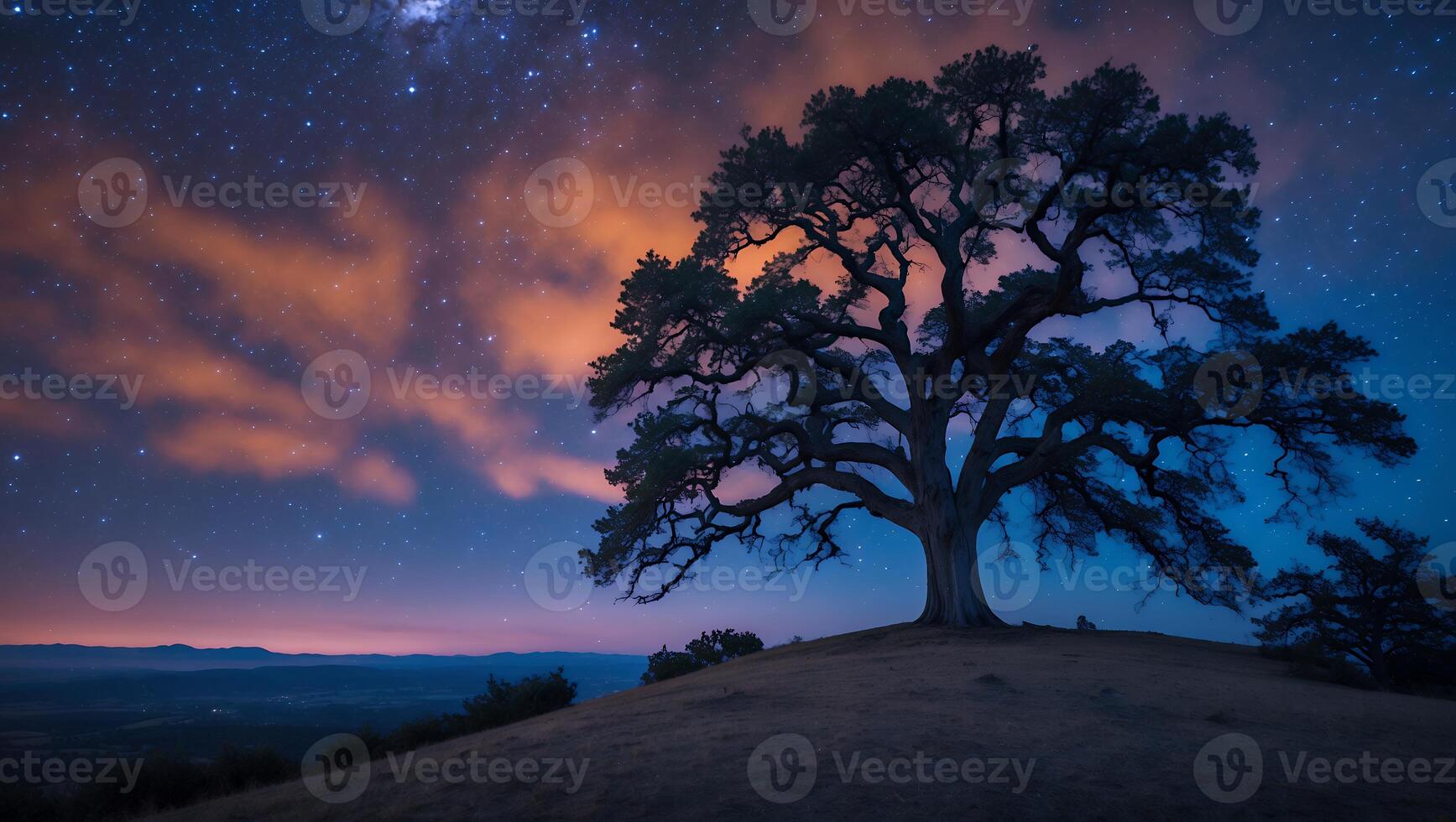 Lone Tree Silhouetted Against Night Sky with Stars and Clouds photo