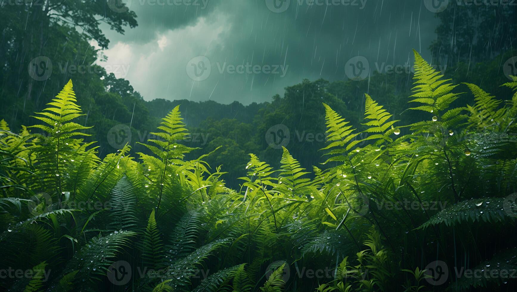 Ferns in Lush Forest During Rain with Dramatic Cloudy Sky photo