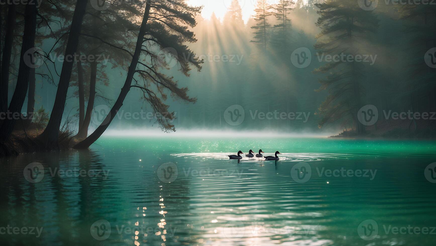 Ducks Swimming on a Peaceful Lake at Sunrise with Forest photo