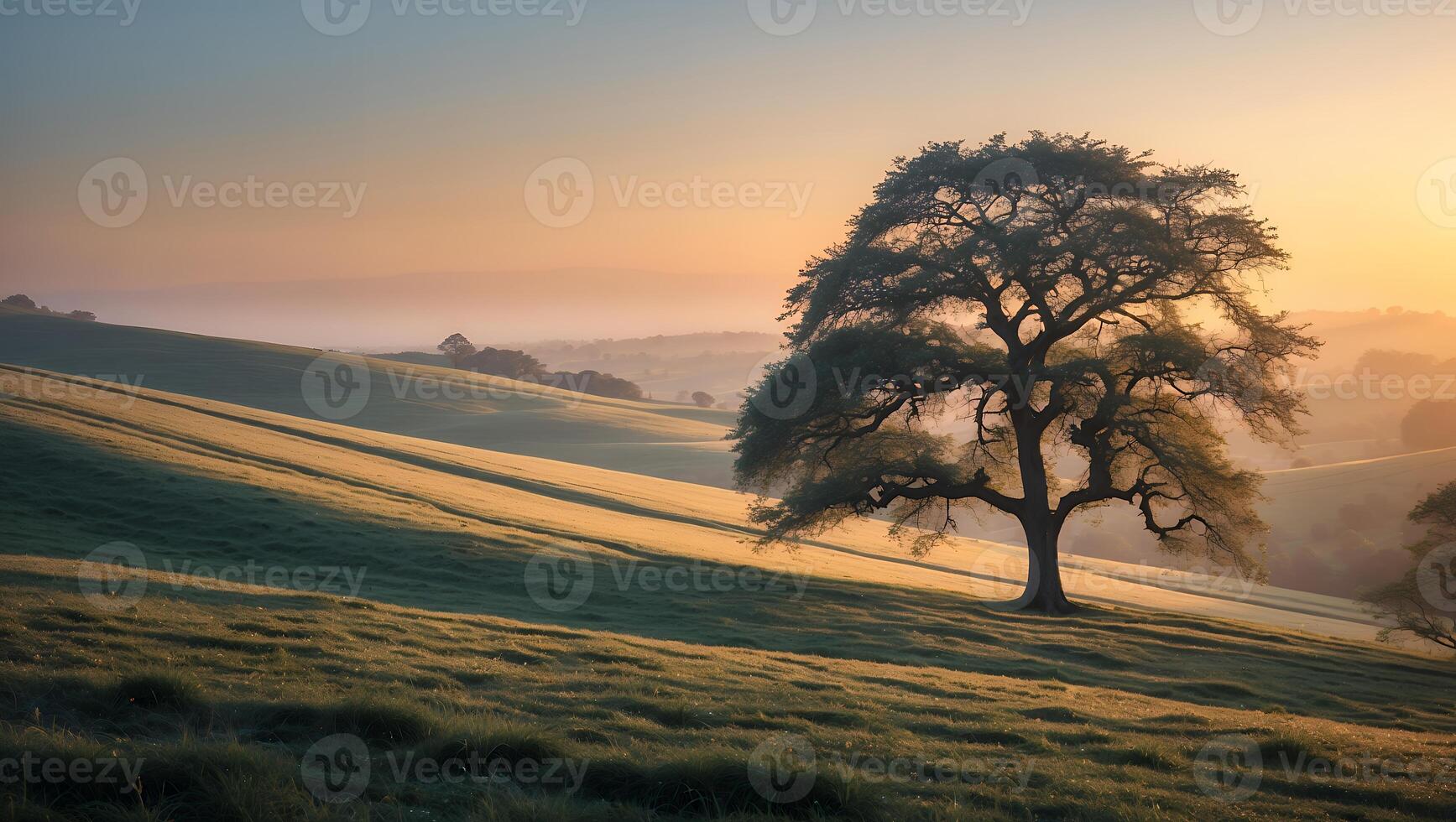 Lone Tree on Rolling Hills at Sunrise with Warm Light photo