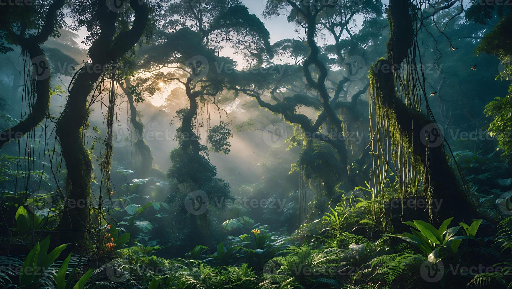 Exploring Lush Jungle Landscape with Sunbeams and Tropical Vegetation photo