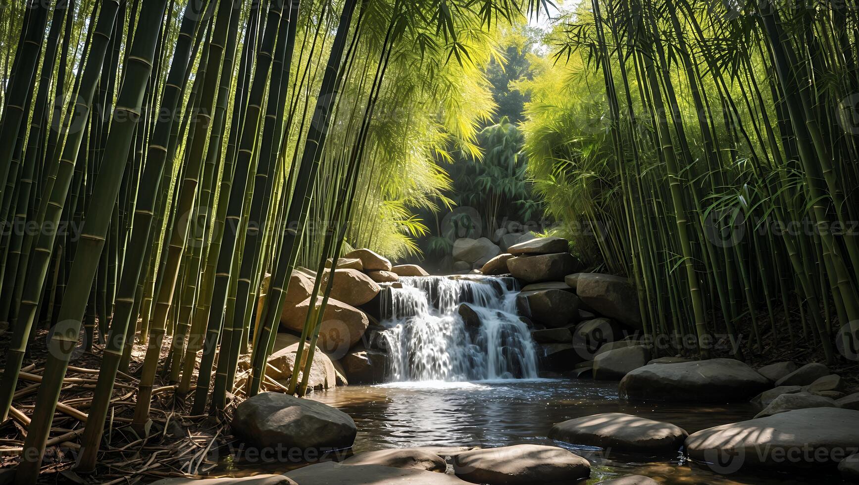 Waterfall Flowing Through Bamboo Forest Landscape with Rocks and Light photo