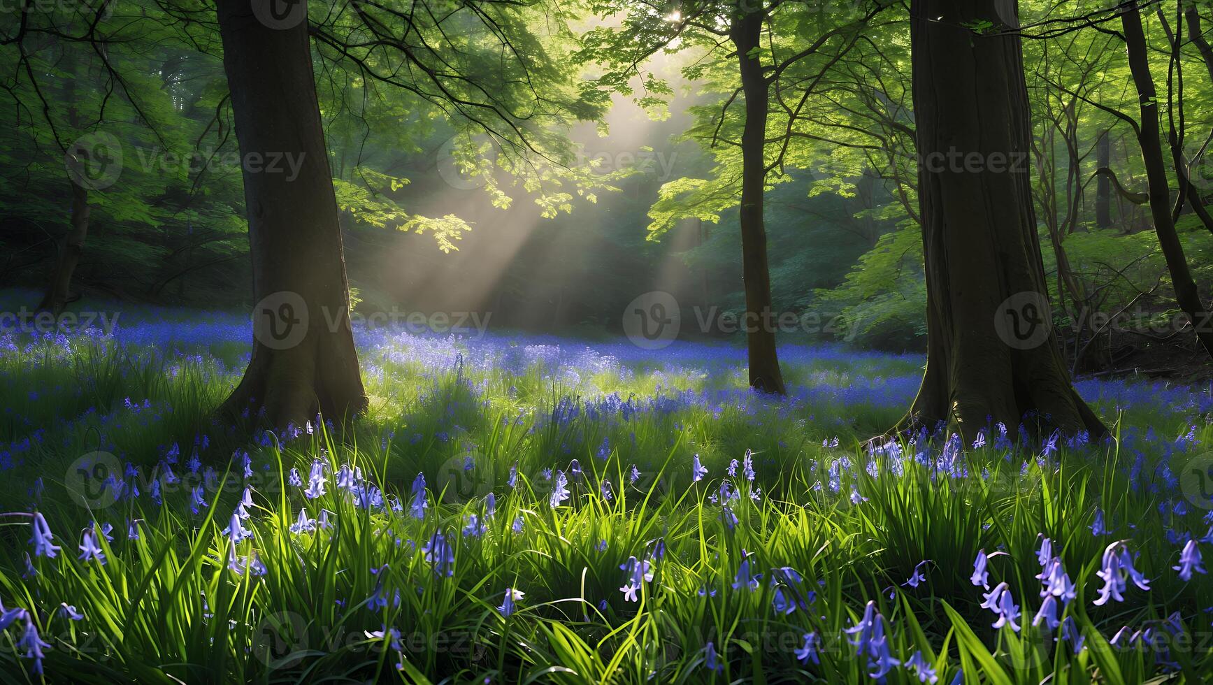 Walking Through Forest Glade Filled with Bluebells and Sun Rays photo