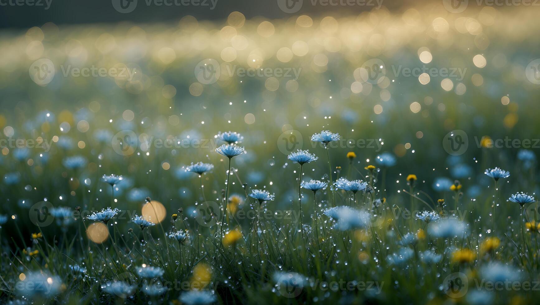 Daisy Meadow with Dew Drops and Bokeh Lights at Dawn photo