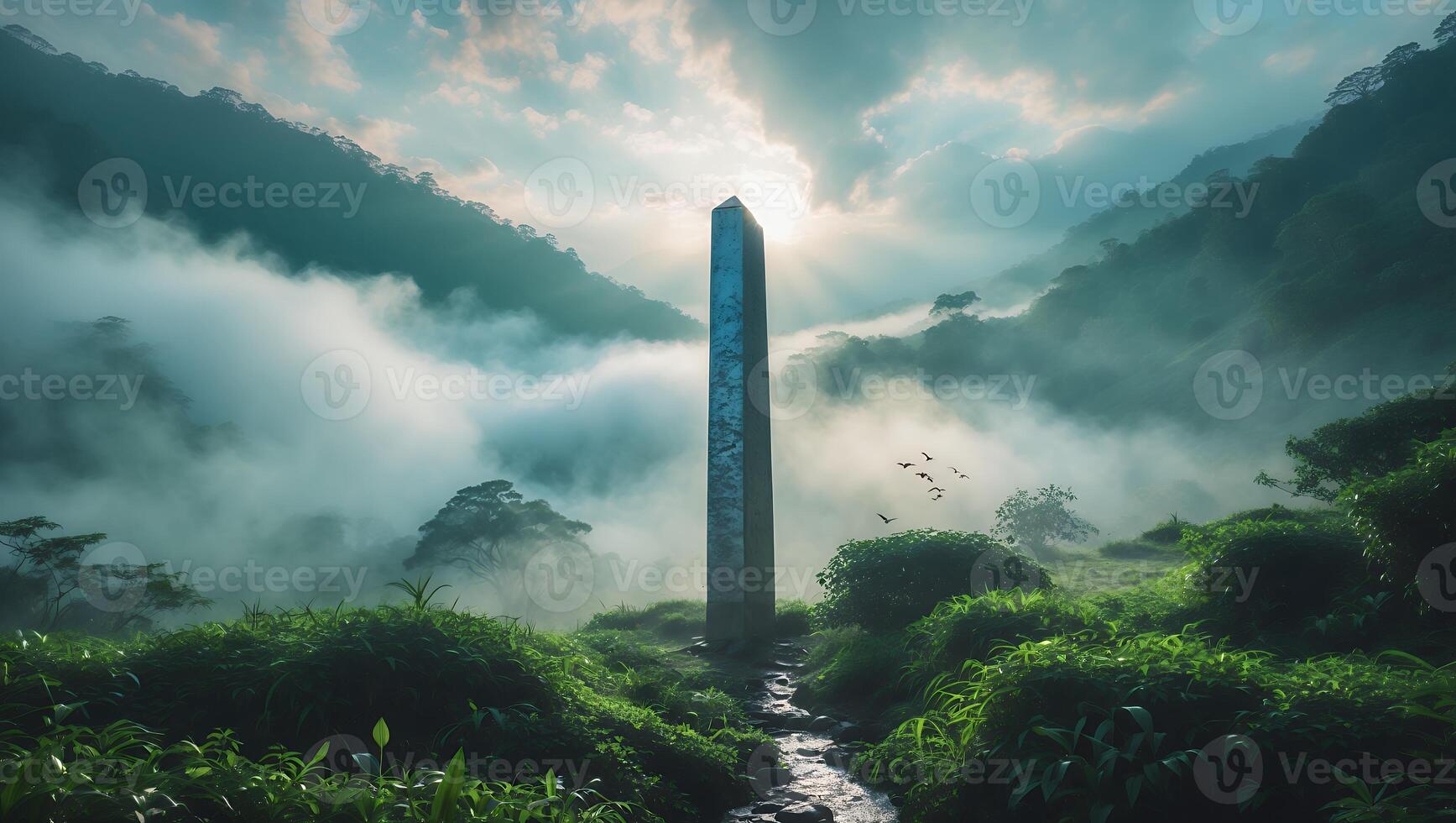 Standing Stone Monolith Surrounded by Green Nature and a Foggy Sky photo