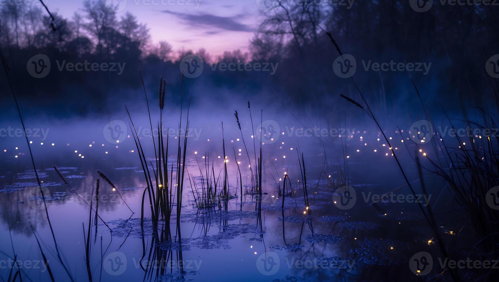 Mystical Pond with Tall Grass and Fog at Dusk Landscape photo
