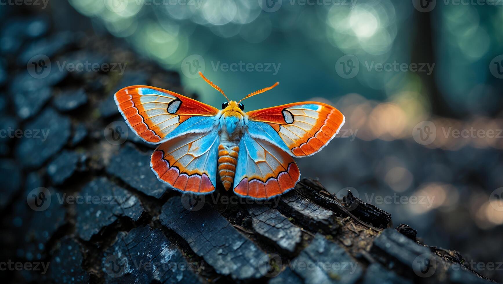Colorful Moth Resting on Dark Tree Bark in a Forest Setting photo