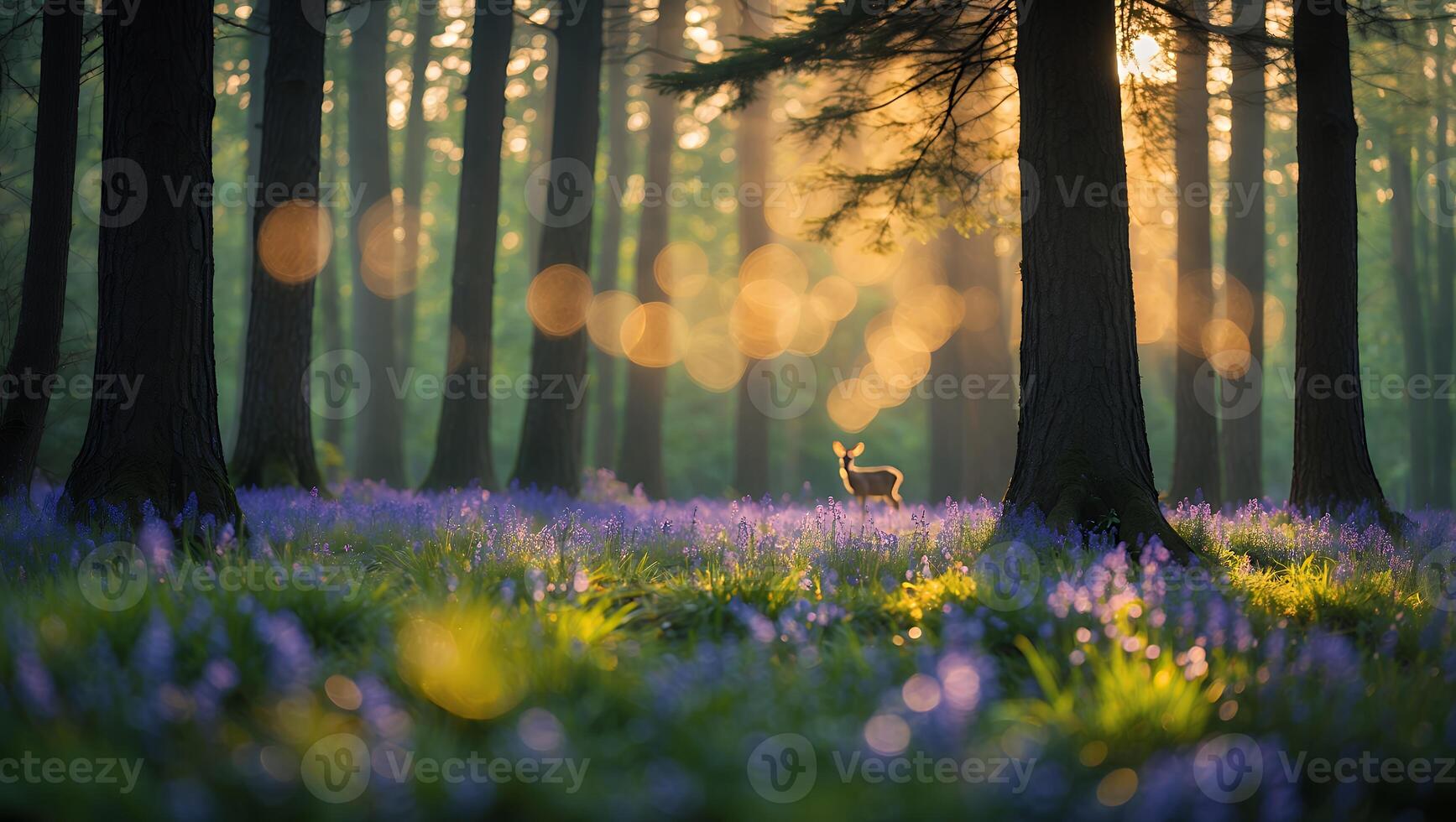 Deer Standing in Bluebell Field Among Trees with Golden Light photo