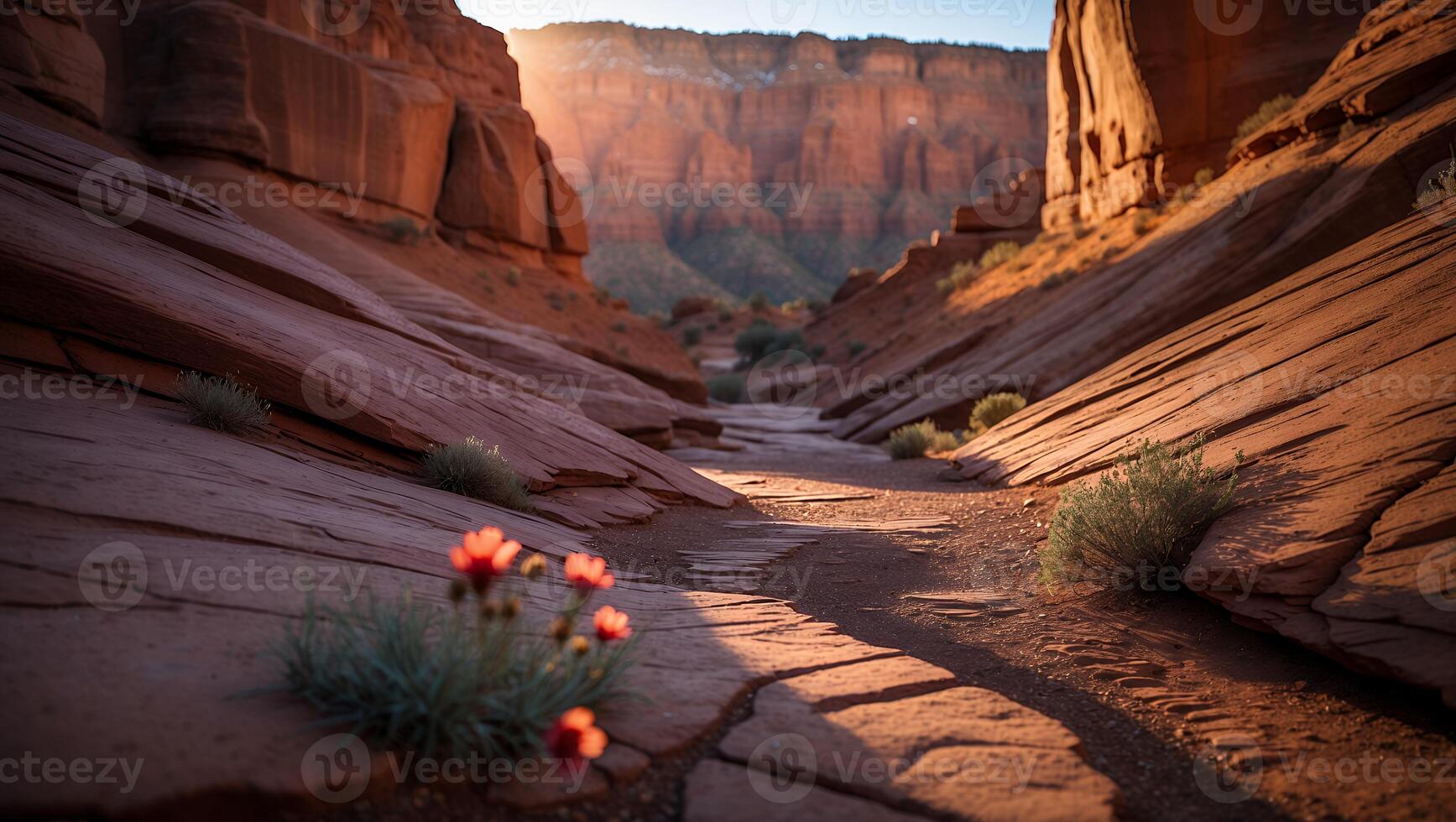 Walking Path Through a Deep Canyon with Wildflowers at Sunset photo
