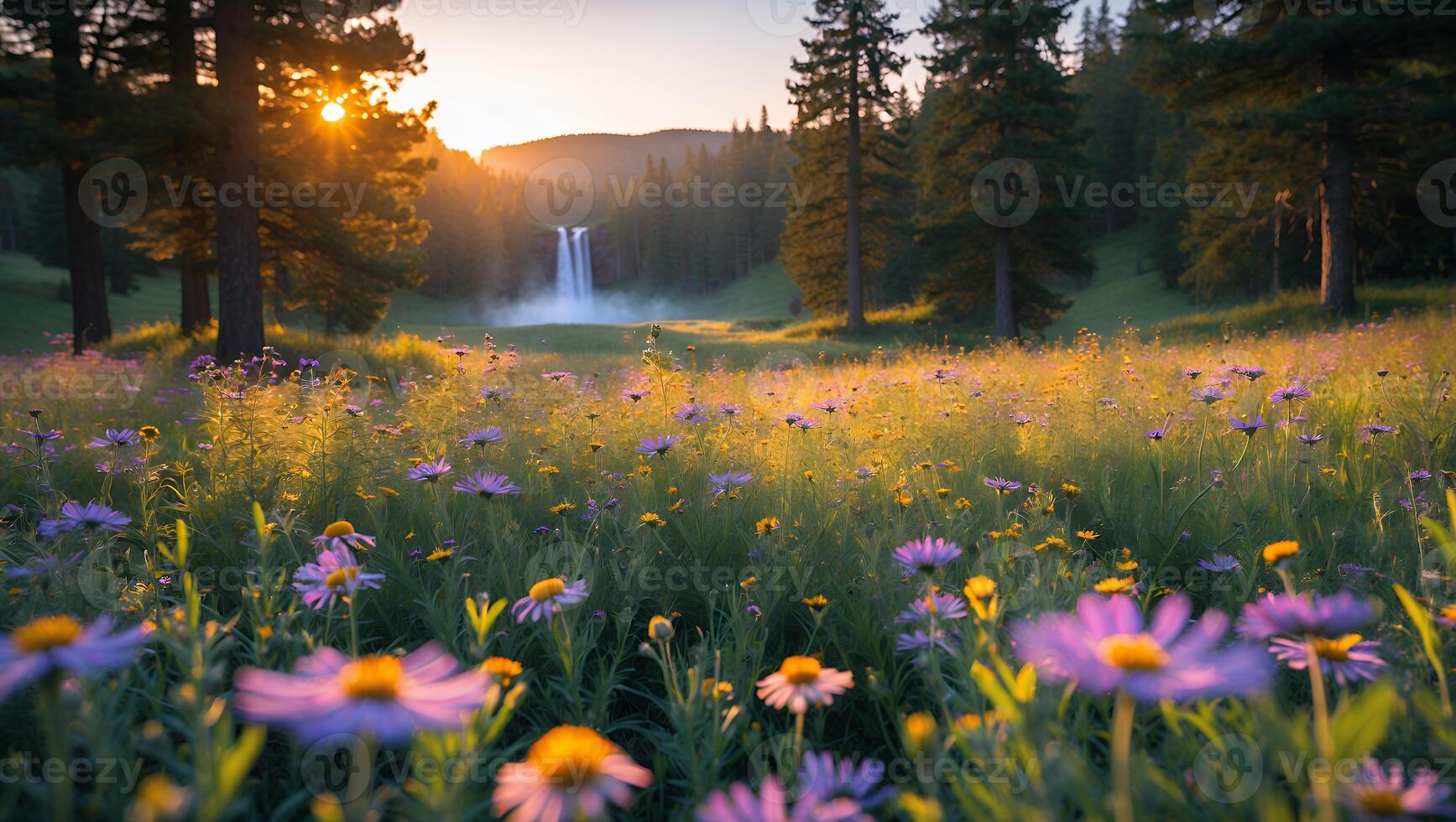 Waterfall Flowing Through Meadow with Wildflowers and Trees at Sunrise photo