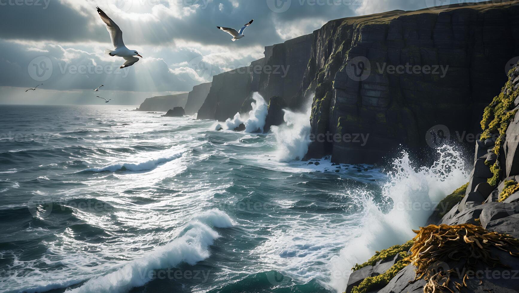 Ocean Waves Crashing on Cliffs with Seagulls Flying Above Water photo