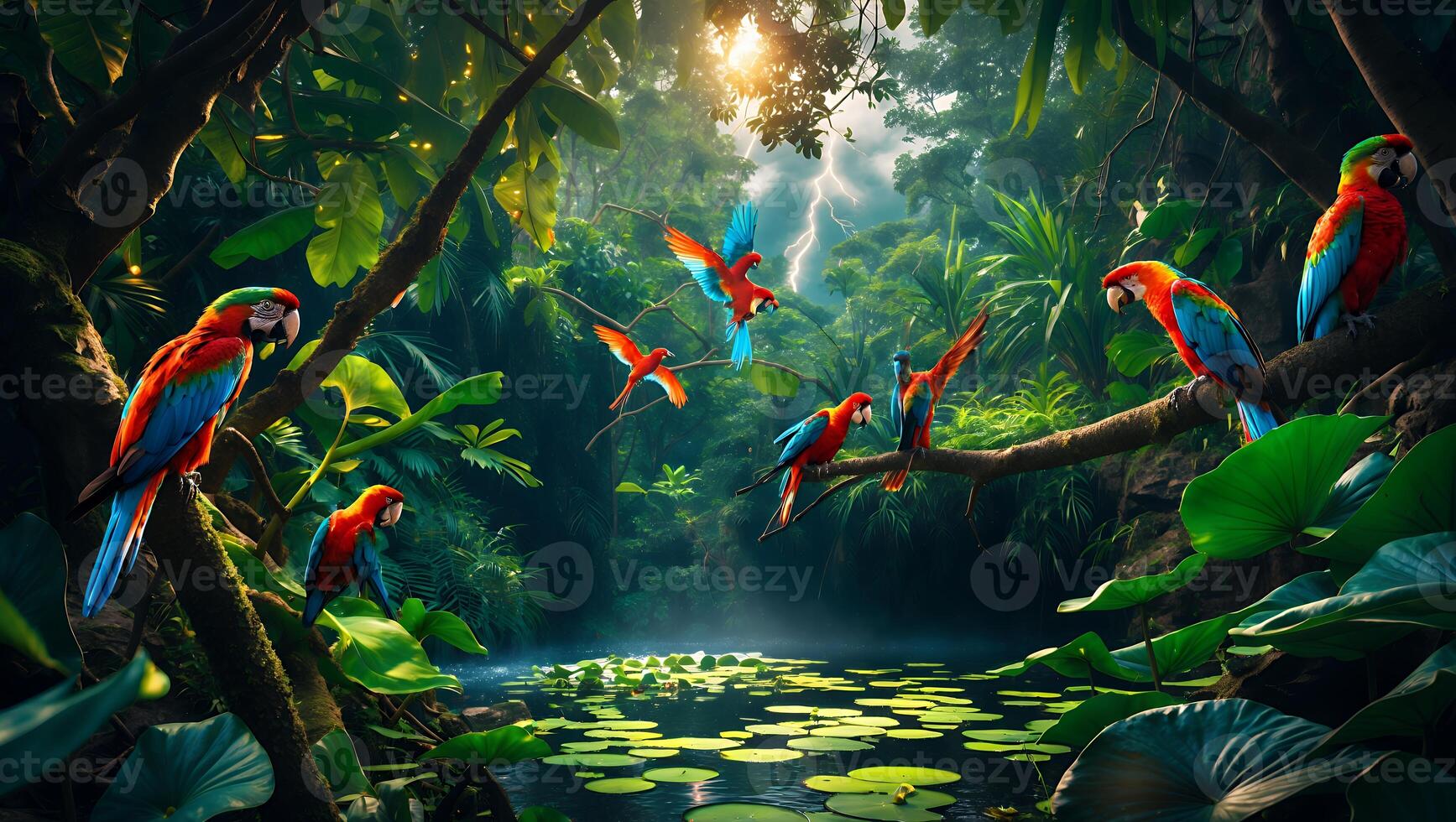 Parrots in Lush Jungle Landscape with Pond and Dramatic Sky photo