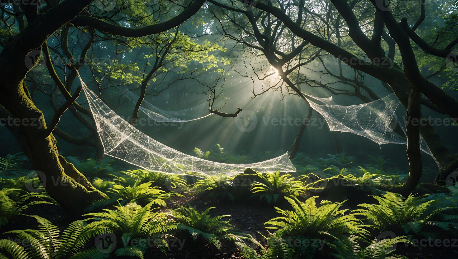 Sunlight Streaming Through Forest with Cobwebs and Green Ferns photo