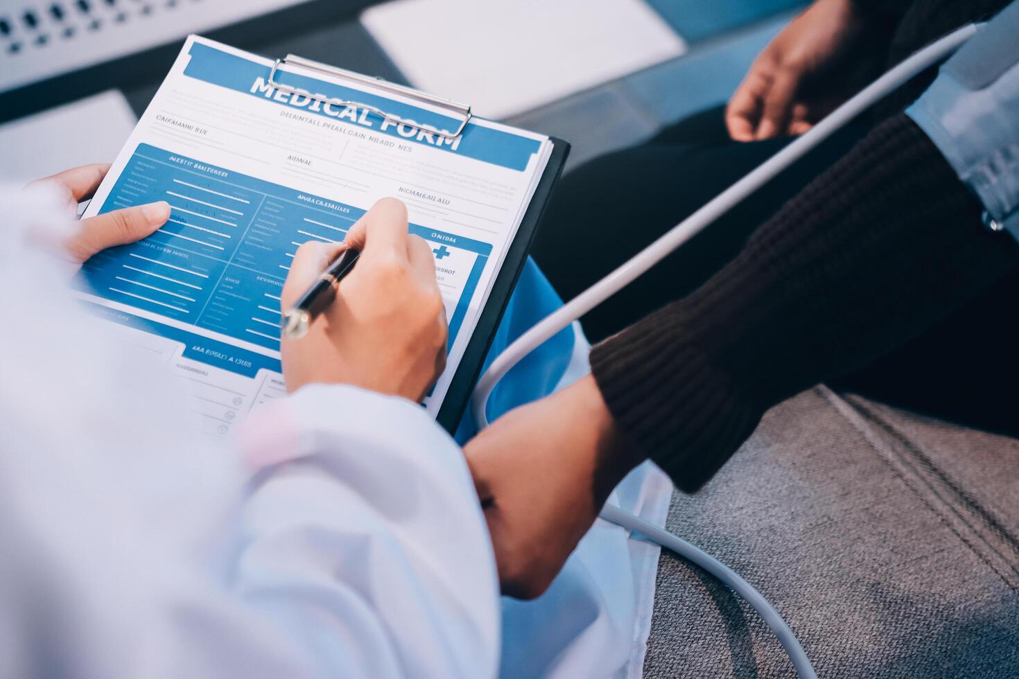 A doctor is holding a clipboard with a patient's blood pressure photo