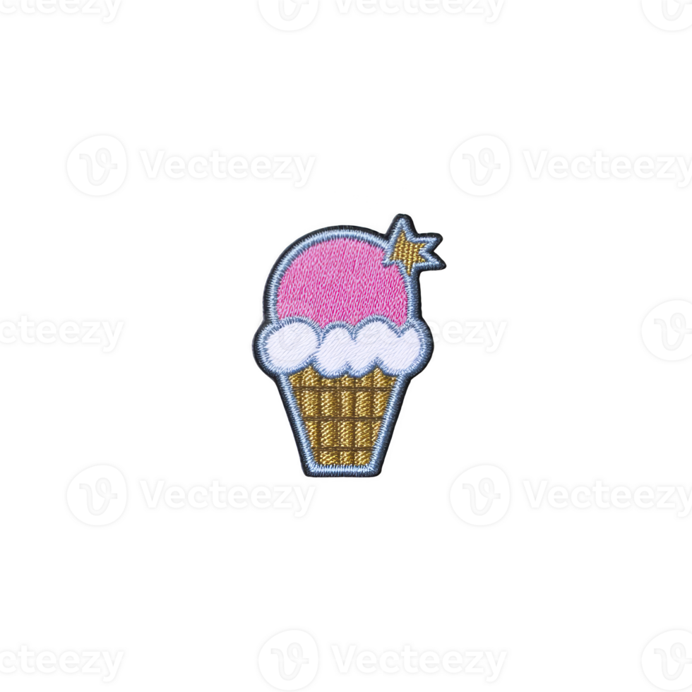 Colorful embroidered patch features pink ice cream cone with star accent, set against transparency background. design is playful and vibrant, perfect for adding fun touch to clothing png