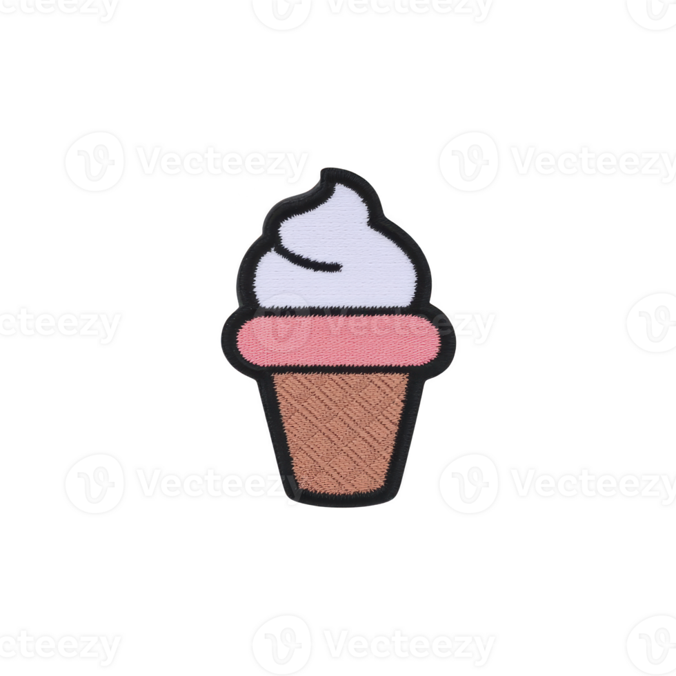 Colorful embroidered patch of ice cream cone with pink scoop and waffle cone design, perfect for adding playful touch to clothing or accessories png