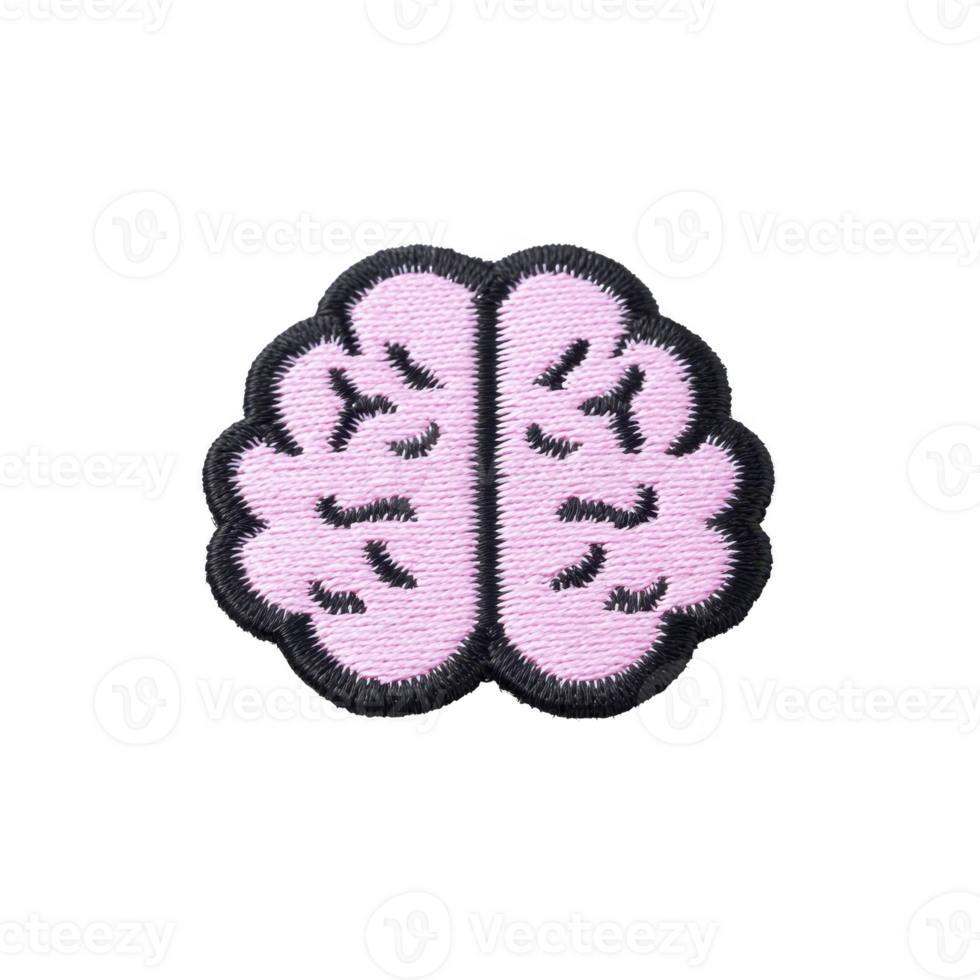 Pink embroidered brain patch with black outline, showcasing stylized design. patch is isolated on transparency background, highlighting its intricate stitching and playful appearance png