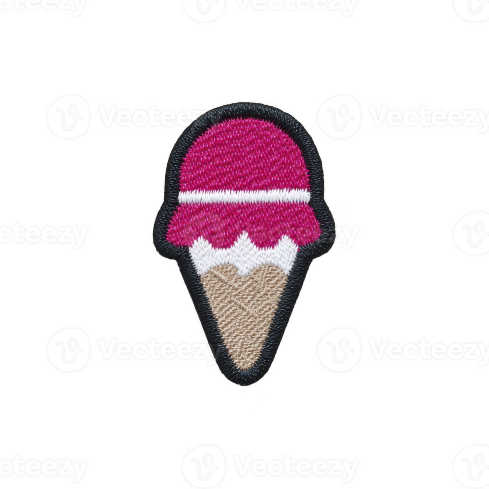 Colorful embroidered patch of ice cream cone with pink scoop and waffle cone design, isolated on transparency background png