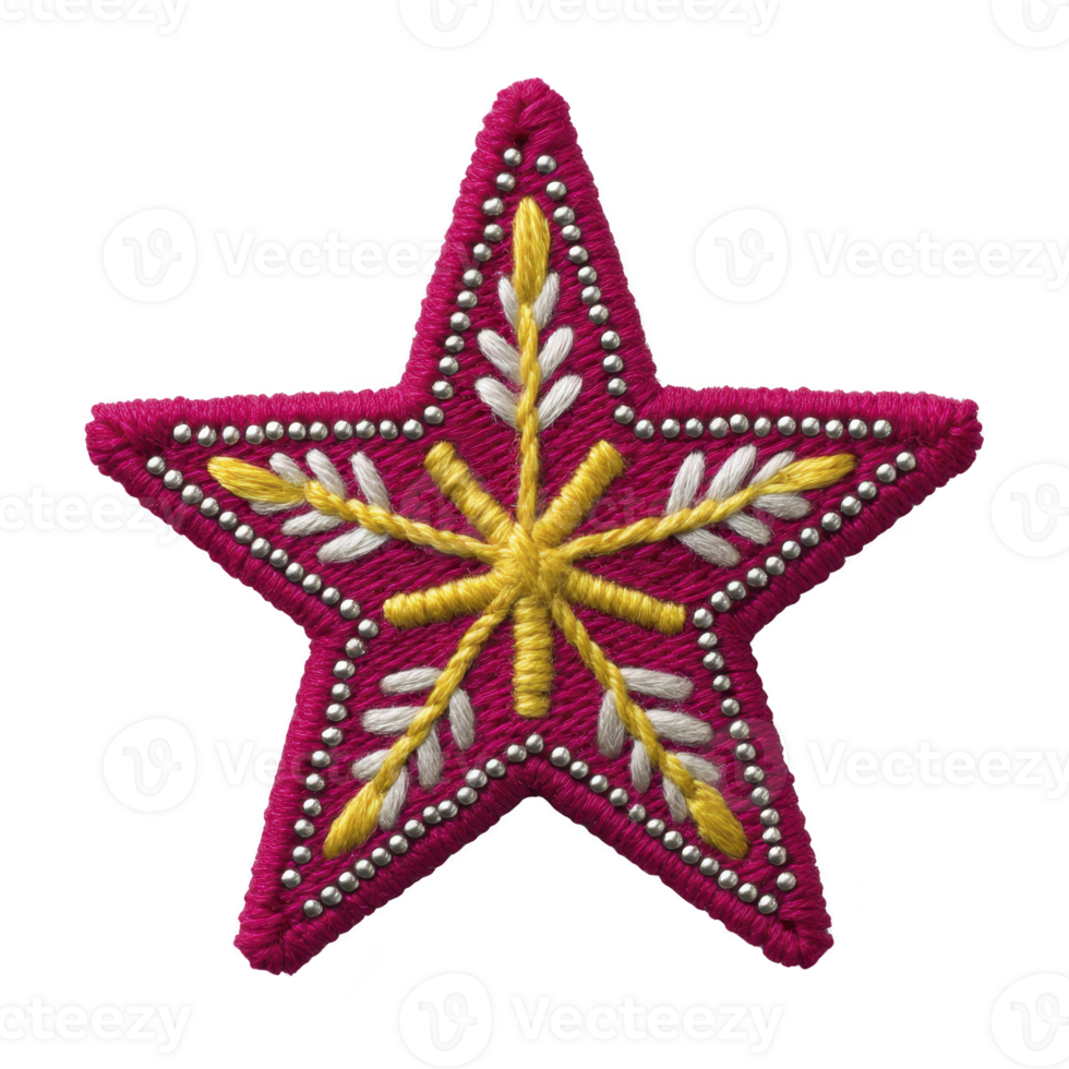Vibrant embroidered star patch with intricate yellow and white thread patterns, accented by small silver beads, on bold pink fabric. Perfect for crafts or clothing decoration png
