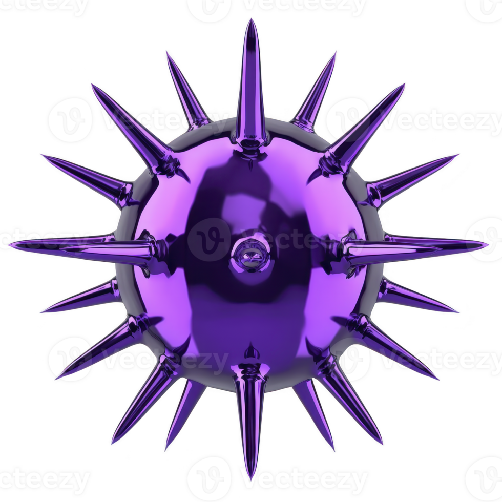 Shiny, metallic purple spiked sphere with futuristic design, resembling virus or abstract sculpture, is depicted against transparency background. spikes are evenly distributed, creating png