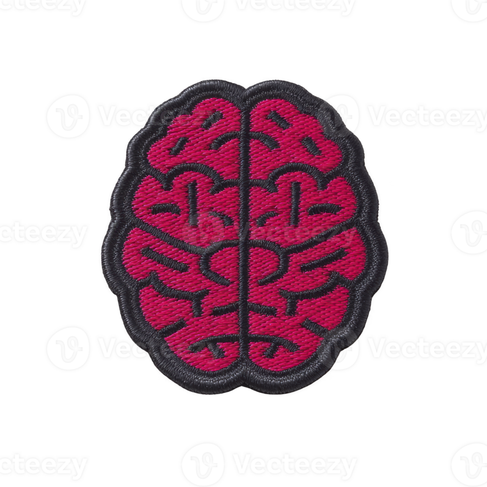Vibrant embroidered patch in shape of brain, featuring intricate red stitching on transparency background, symbolizing creativity and intelligence png
