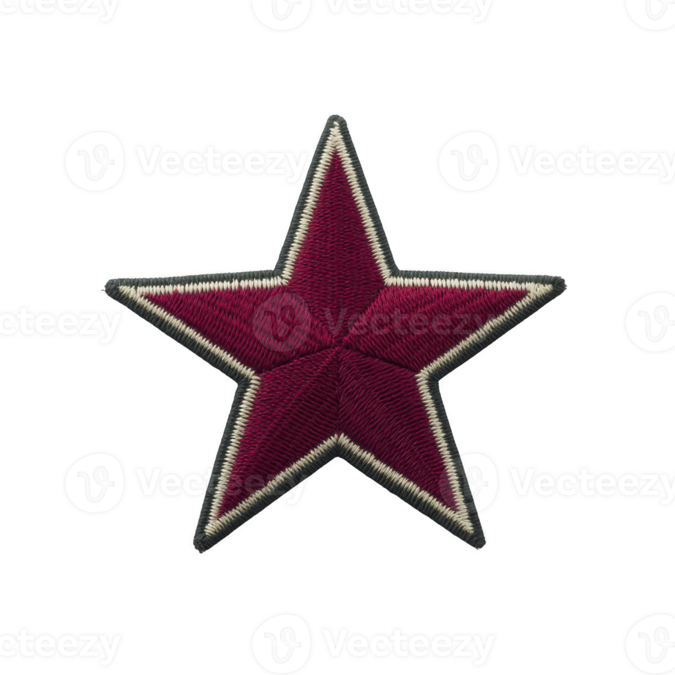 Red embroidered star patch with black border, perfect for clothing decoration or crafting projects. star design is bold and eye catching, adding touch of style png