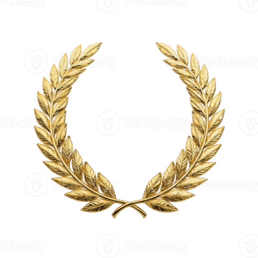 Golden laurel wreath symbolizing victory and achievement, with detailed leaves arranged in circular pattern. shiny metallic finish adds elegance and prestige to design png