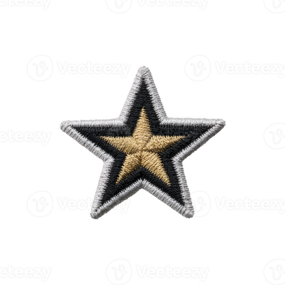 Star shaped embroidered patch with gold center and silver border on transparency background, symbolizing achievement or rank png