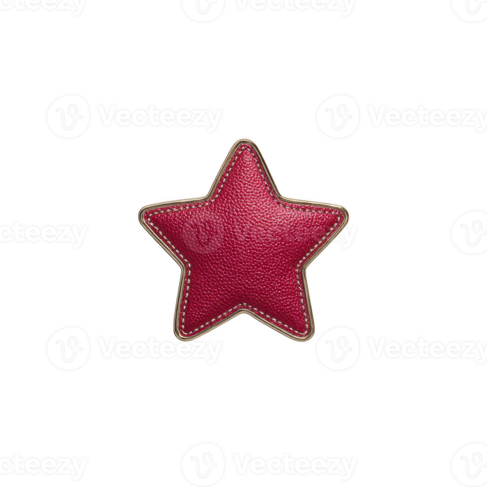 Red leather star shaped patch with detailed stitching on edges, isolated on transparency background, showcasing craftsmanship and texture png