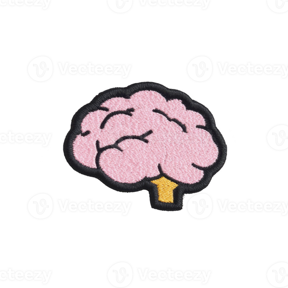 Pink brain patch with black outlines and yellow stem, designed in cartoon style, is displayed on plain background. patch is embroidered, showcasing playful and creative design png