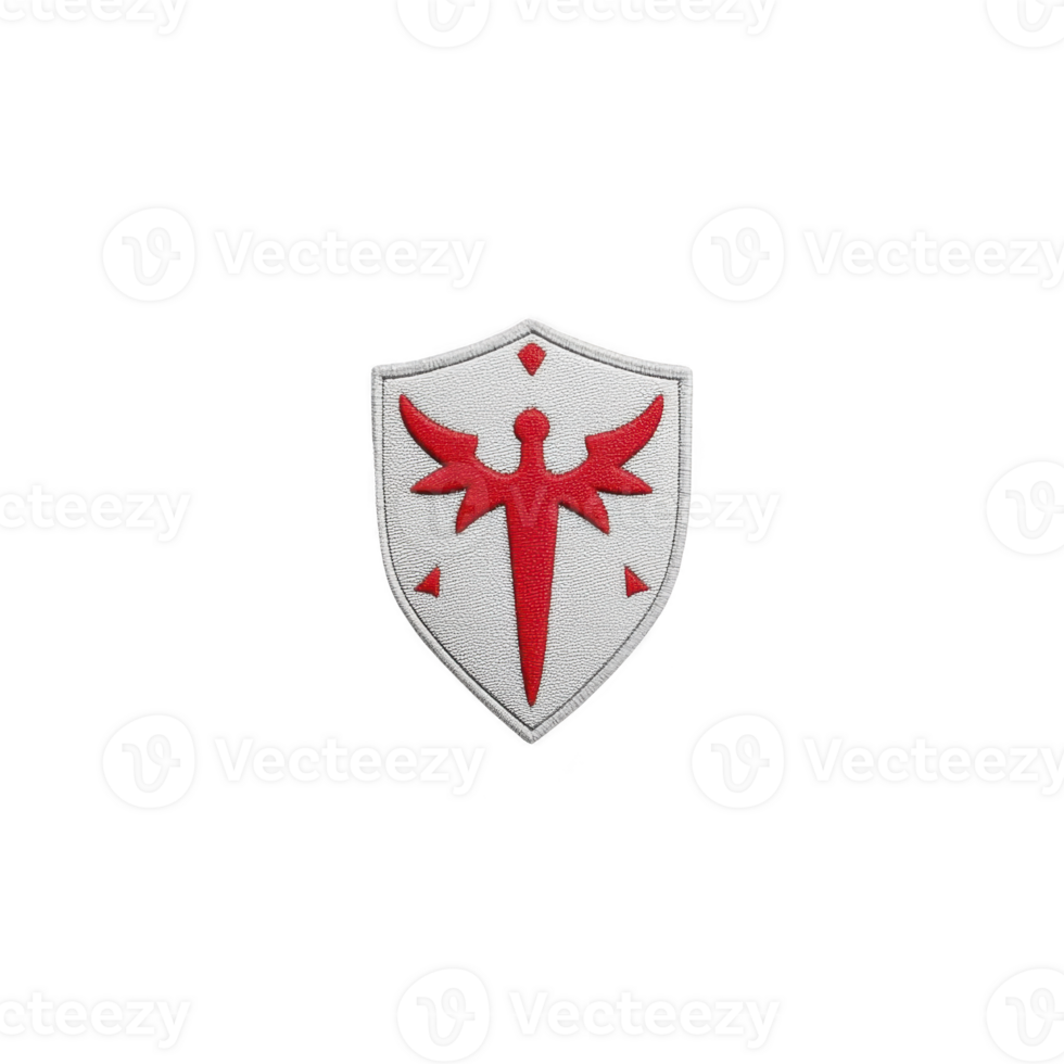 White shield with red emblem featuring stylized winged figure, symbolizing protection and strength. design is simple yet striking, conveying sense of security and valor png