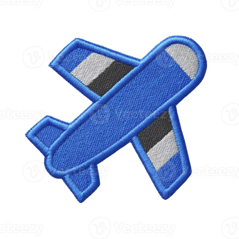 Blue embroidered airplane patch with gray and white accents, featuring simple and playful design. patch is suitable for clothing or accessories, adding fun aviation theme png