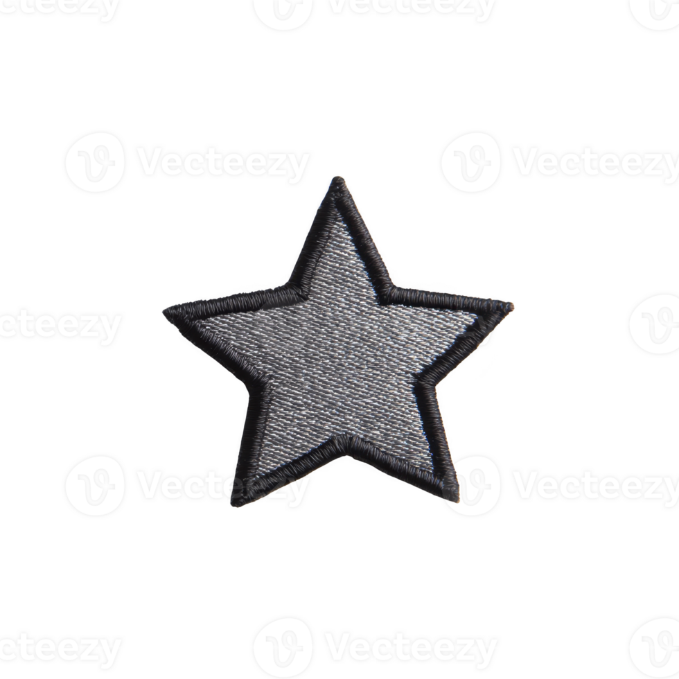 Silver star patch with textured surface and black border, isolated on transparency background. patch is designed for sewing onto clothing or accessories, adding decorative touch png