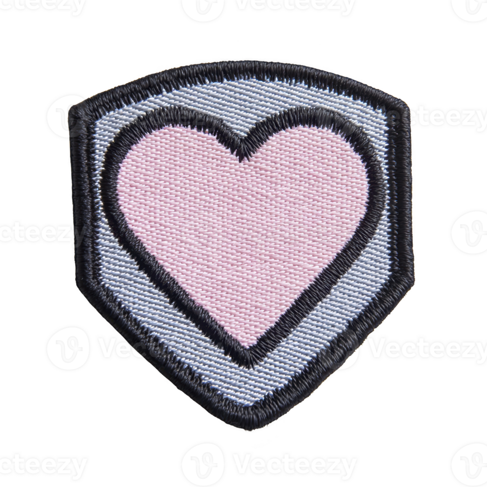 Heart shaped patch with pink center and black border is set against light gray shield background, creating charming and playful design png