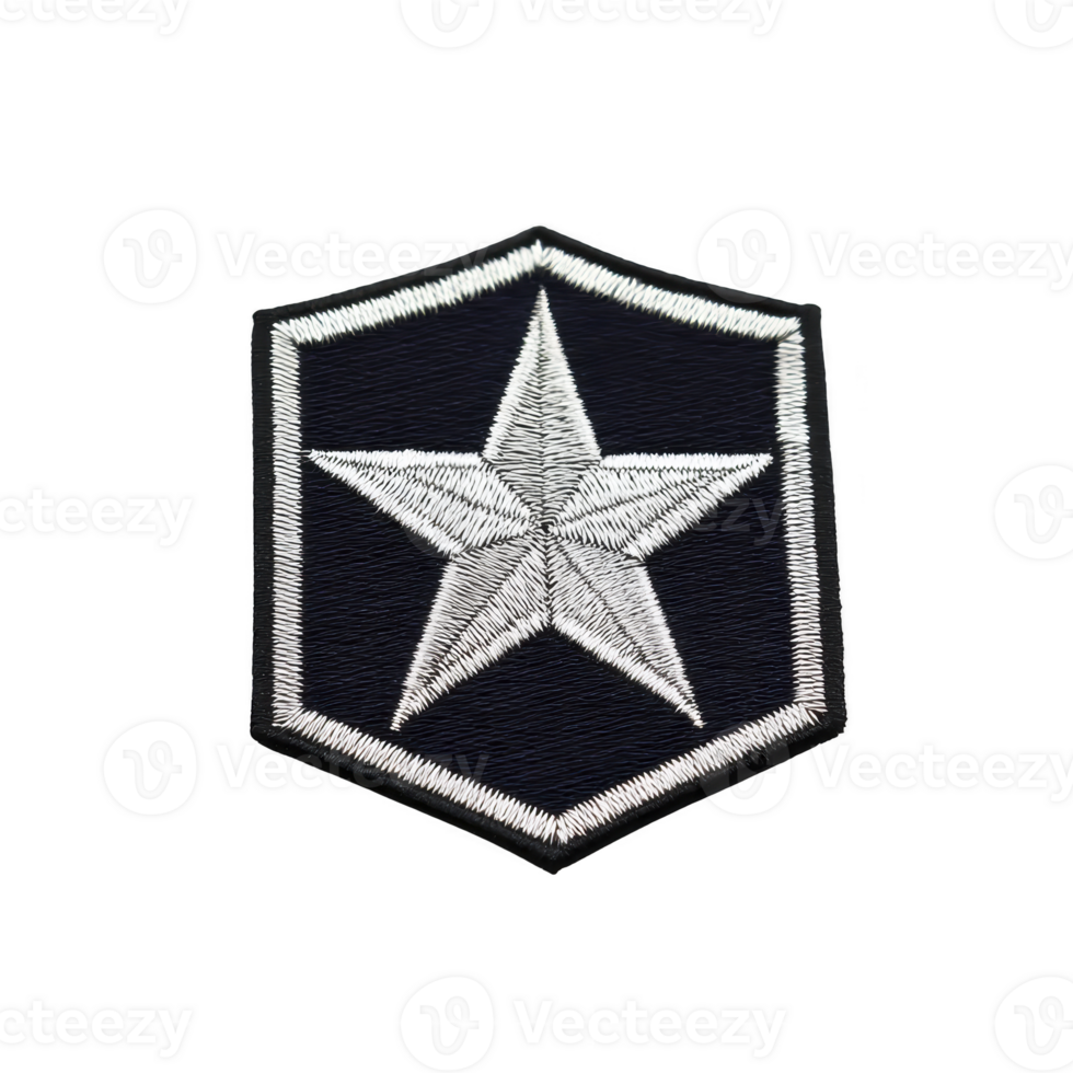 Black and white embroidered patch features prominent star design within hexagonal border, symbolizing rank or achievement. intricate stitching adds texture and detail png