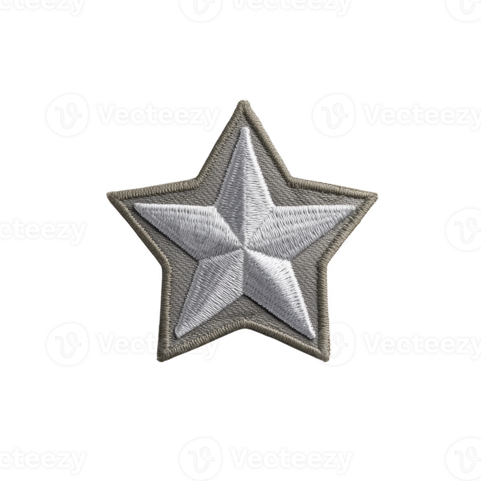 Silver embroidered star patch with gray border, symbolizing achievement or rank, is displayed on transparency background. detailed stitching gives it textured appearance png