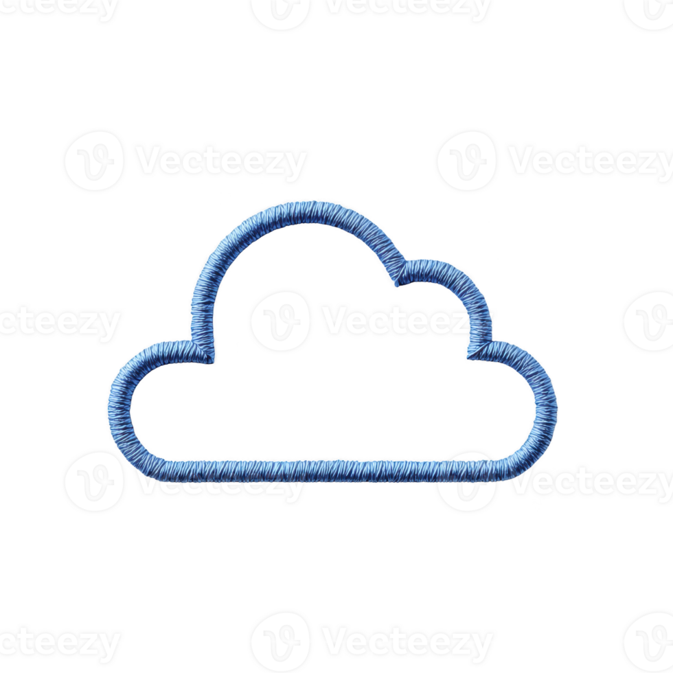Blue embroidered cloud shape on transparency background, showcasing intricate stitching and texture. design is simple yet artistic, highlighting craftsmanship involved png