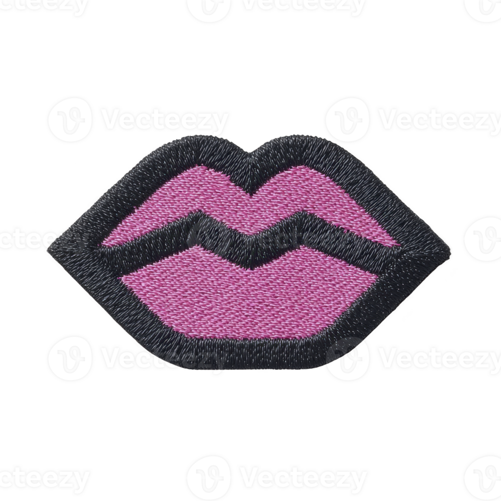 Pink embroidered patch in shape of lips with black outline, showcasing playful and bold design. Perfect for adding fun touch to clothing or accessories png
