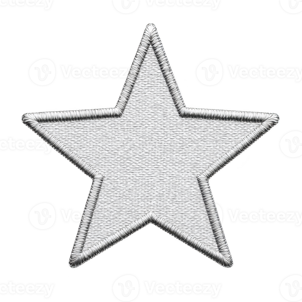 Shiny silver star with textured surface and embroidered edges on transparency background, symbolizing achievement and excellence png