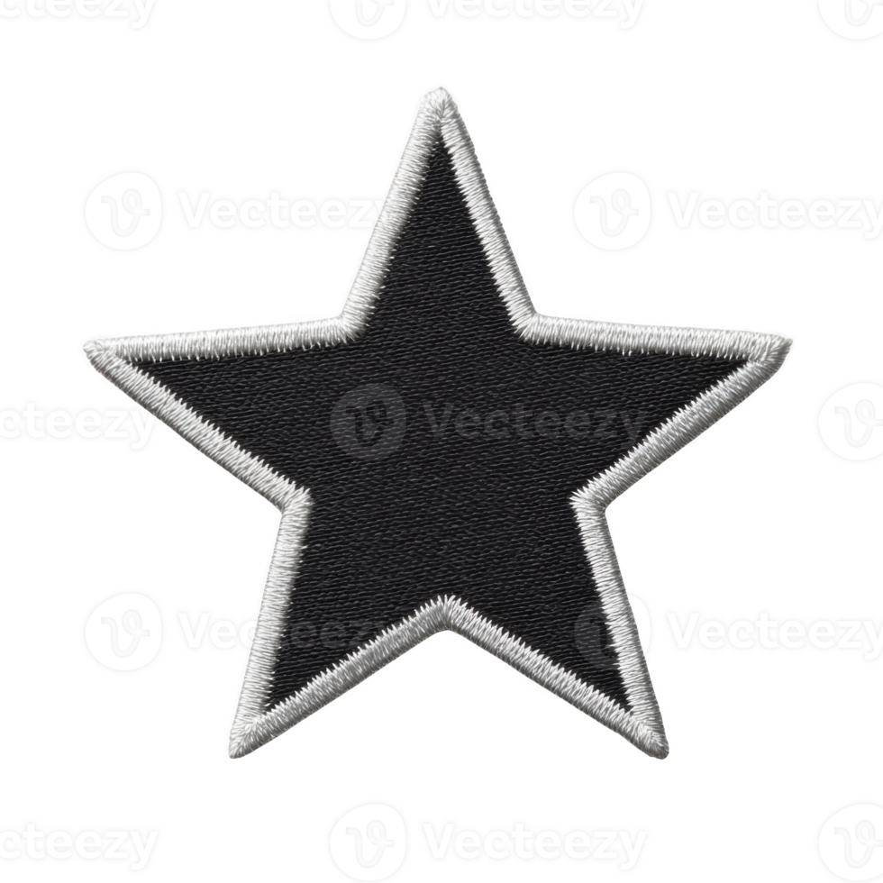 Black star patch with white embroidered border, perfect for adding stylish touch to clothing or accessories. simple design makes it versatile for various fashion applications png