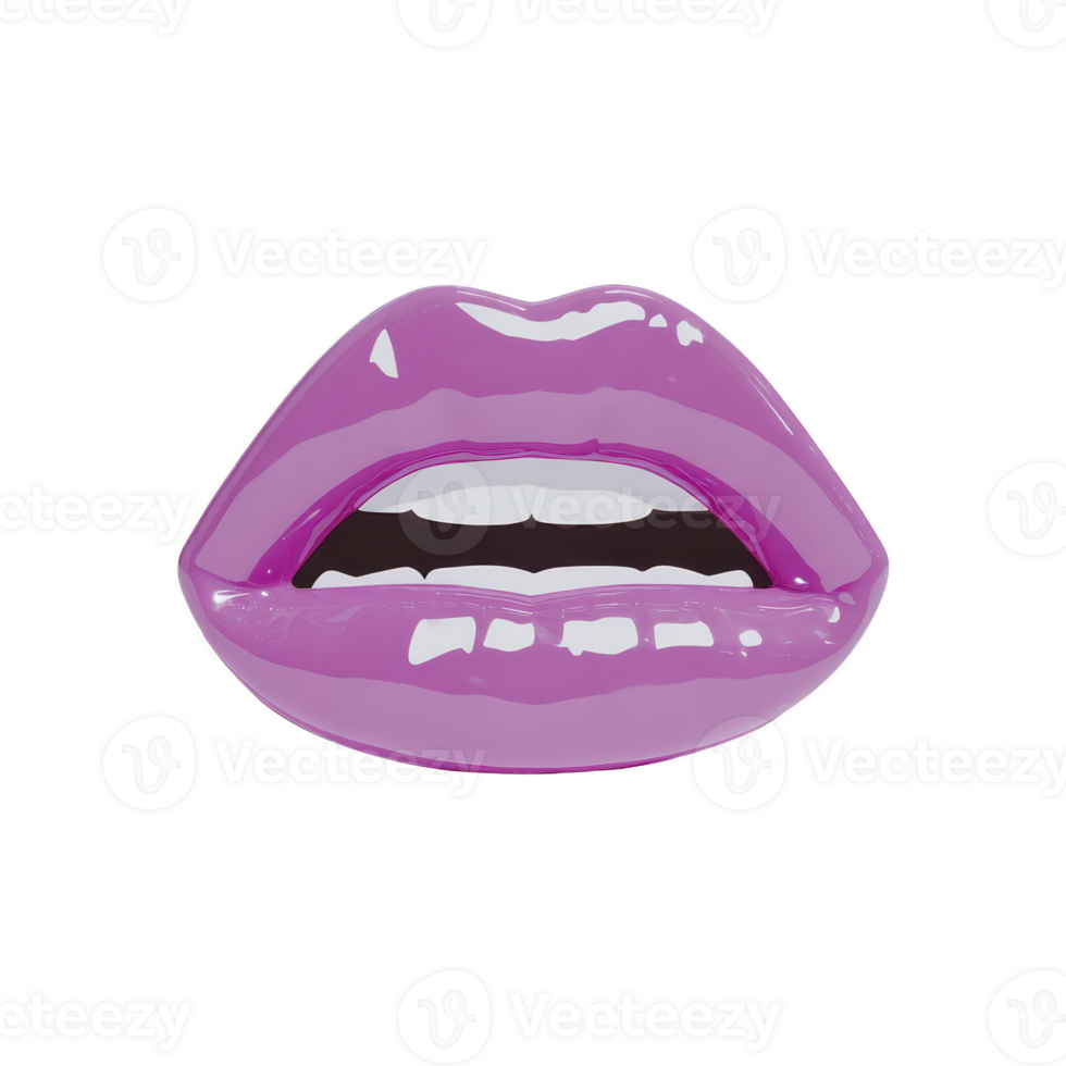 Glossy illustration of pink lips with playful expression, showcasing shiny and vibrant style. lips are slightly parted, revealing white teeth, set against transparent background png
