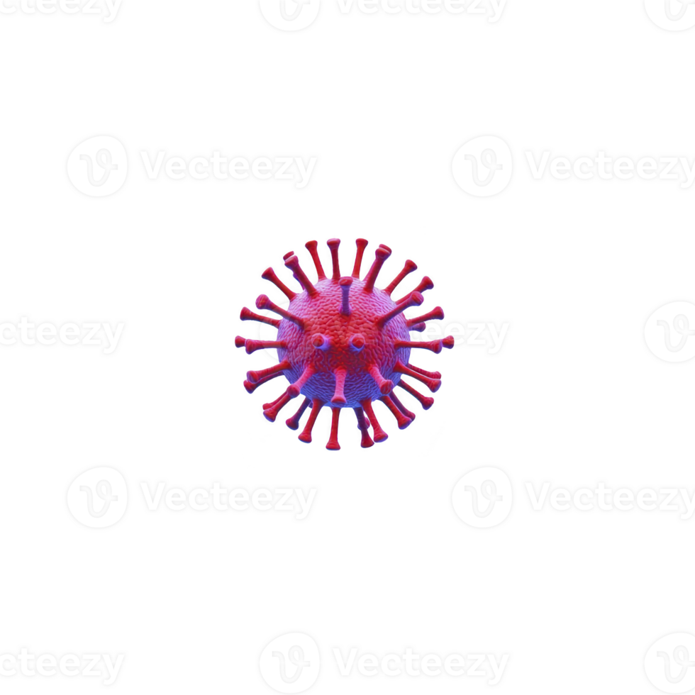 3D illustration of virus particle with spherical shape, featuring spike proteins in red and purple hues, isolated on transparency background png