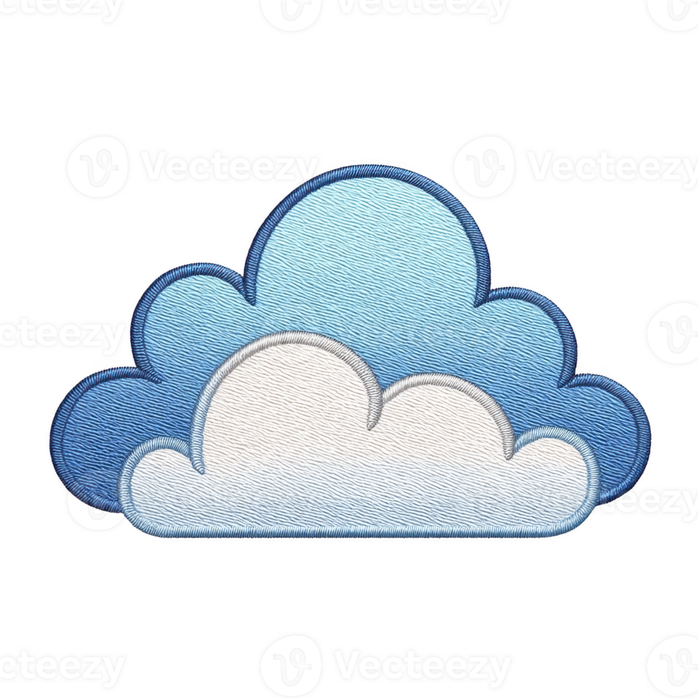 This features blue and white cloud illustration with textured, embroidered appearance, set against transparent background. design is simple and stylized.cloud illustration with embroidered texture png