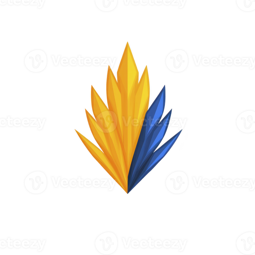 Vibrant abstract design features sharp, geometric shapes in yellow and blue, resembling stylized feathers or leaves. dynamic composition creates sense of movement and energy png