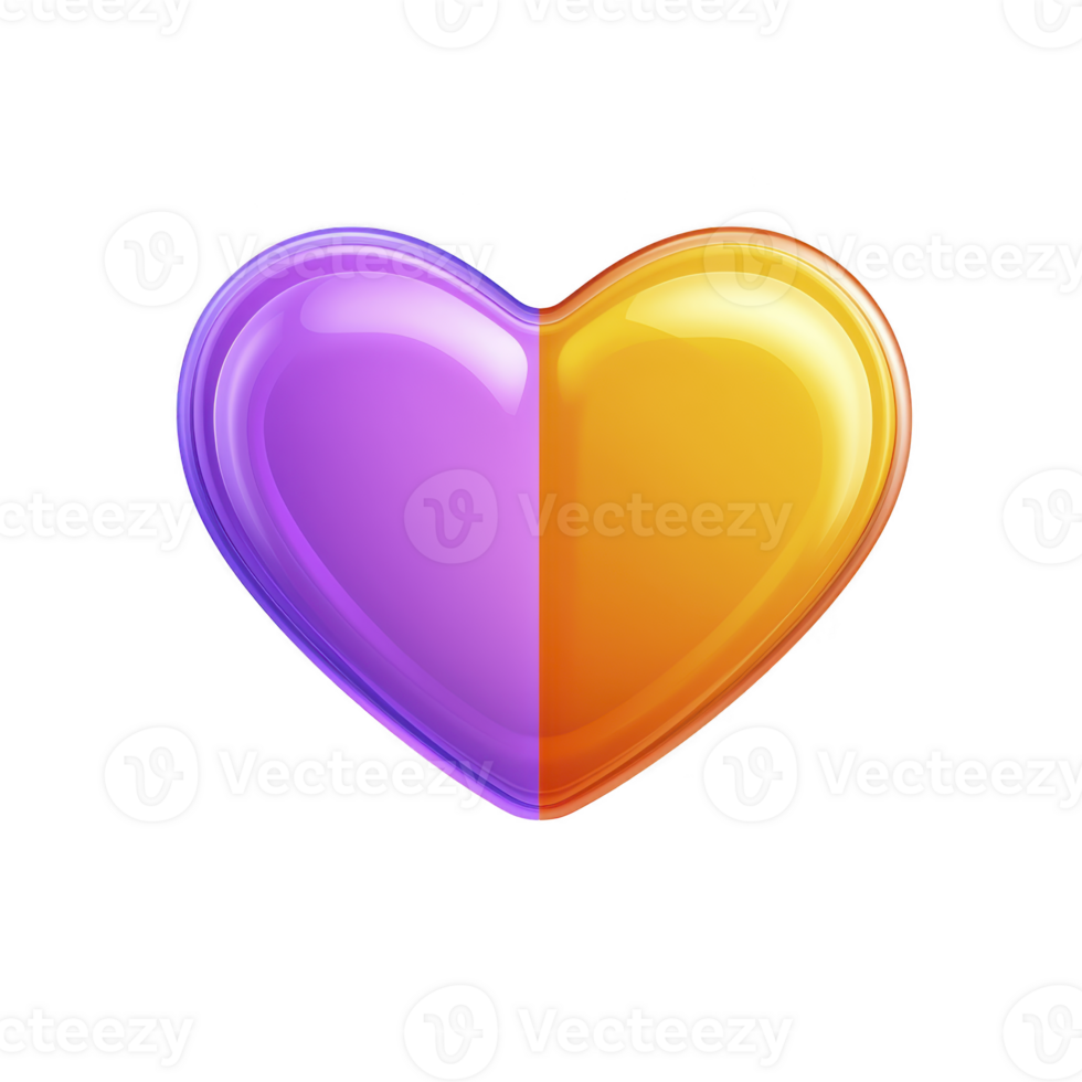 Vibrant, glossy heart shape is divided into two halves, one purple and other orange, symbolizing unity and contrast. smooth, reflective surface adds modern, playful touch png
