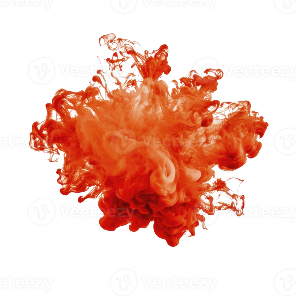 Vibrant explosion of red and orange ink swirls dynamically in water, creating mesmerizing abstract pattern against transparency background png